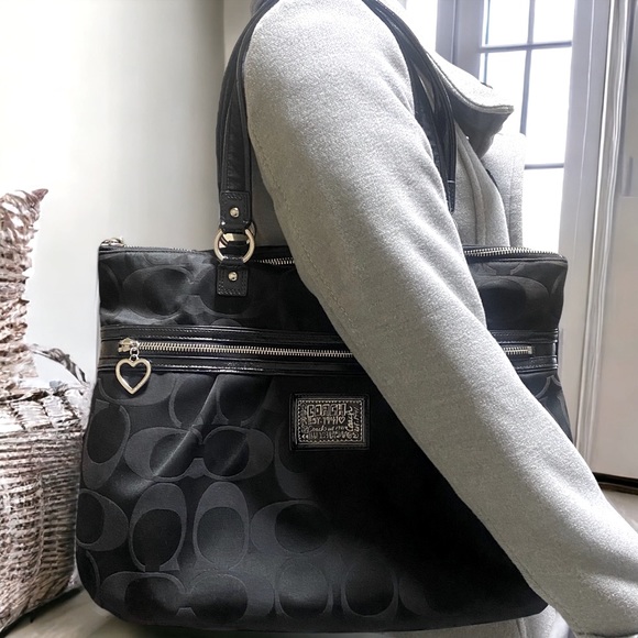Coach Handbags - Coach Signature Daisy Poppy Heart XL Bag Black with Black Satin Lining